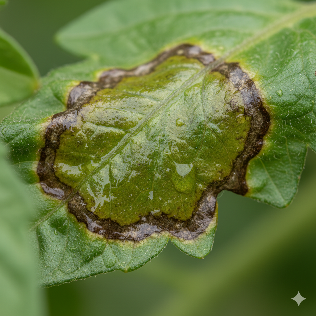single tomato leaf infected with late blight