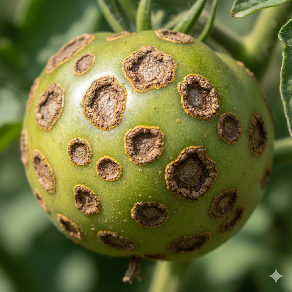 green tomato fruit affected by bacterial spot disease