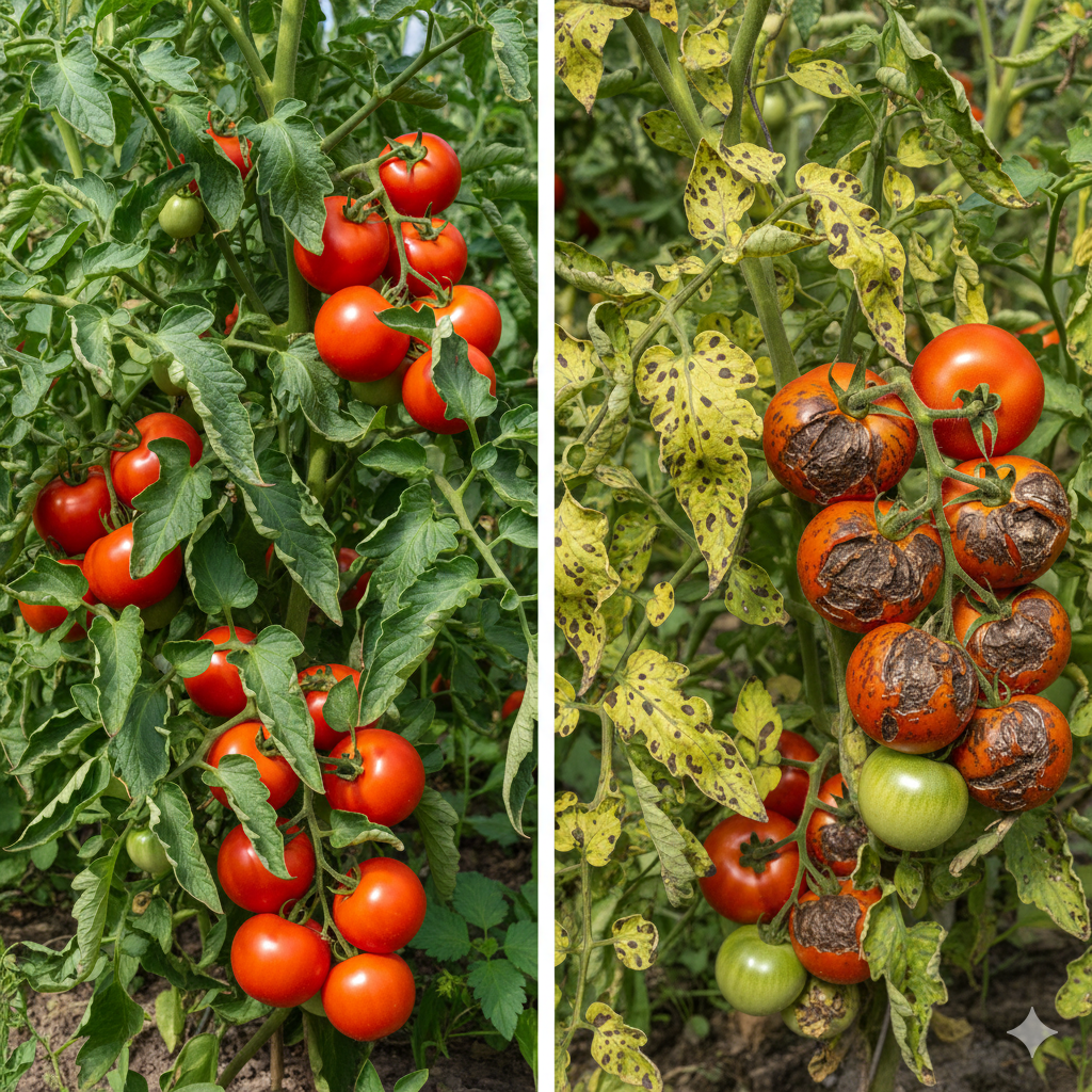 healthy and diseased tomato plants