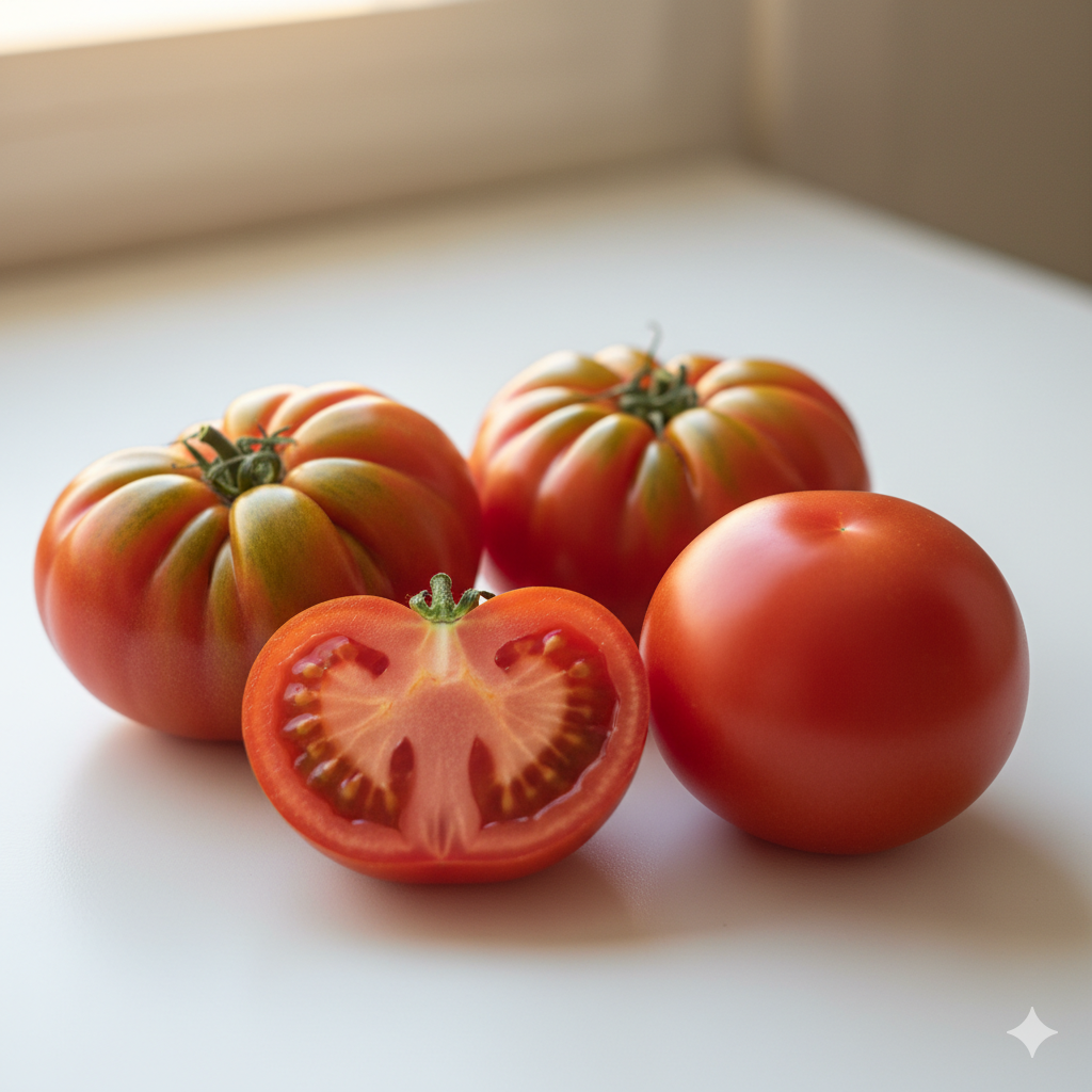 close-up comparison of infected and healthy tomato fruits